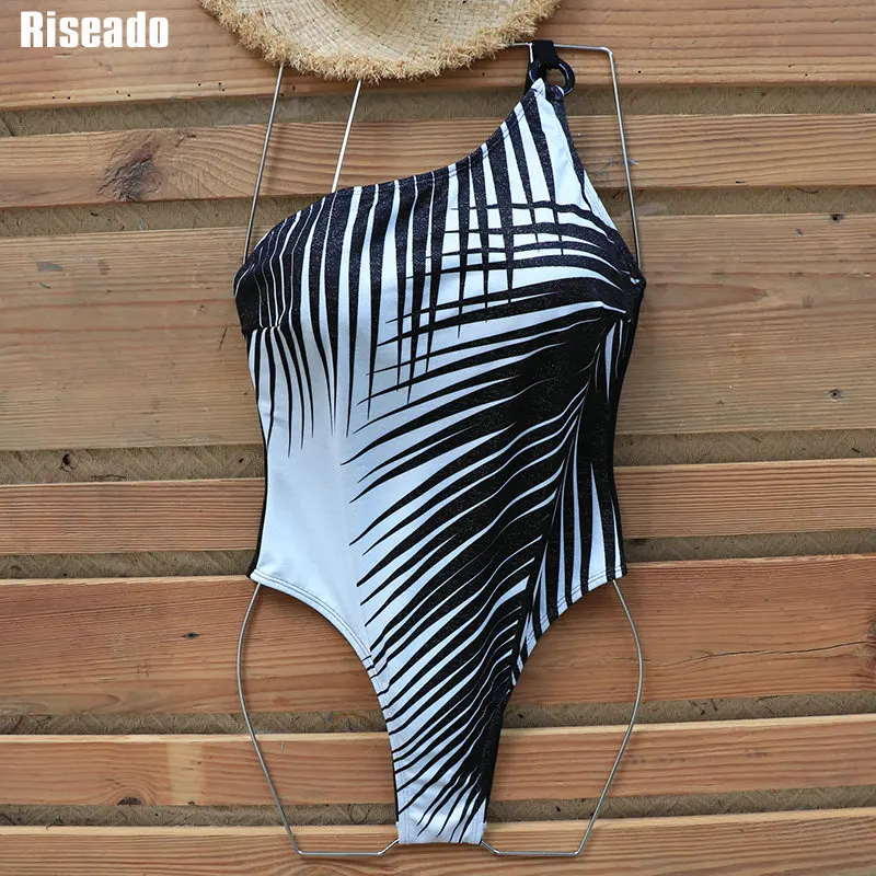 Riseado сексуальный цельный купальник на одно плечо для женщин с принтом листьев