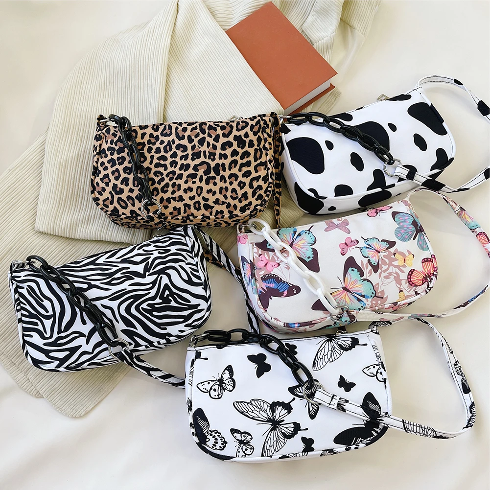

Casual Pure Color Handbag Purse Retro Nylon Women Butterfly Leopard Zebra Cow Print Shoulder Bag Casual Underarm Bags
