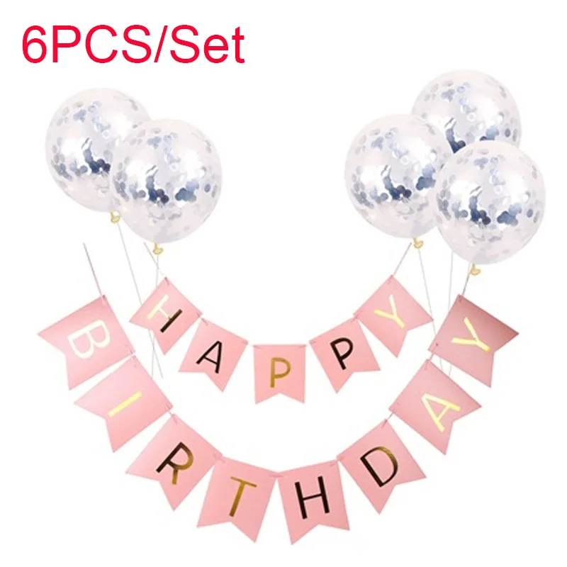 

HAPPY BIRTHDAY Paper Bunting Banner With 6Pcs Rose Gold Confetti Balloons For Kids Adult Birthday Baby Shower Party Decorations