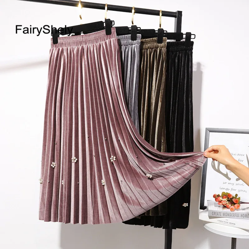 FairyShely, бархатная плиссированная длинная юбка для женщин, Осень-зима, эластичная лента, высокая талия, Теплая юбка, черная, макси, офисная юбка