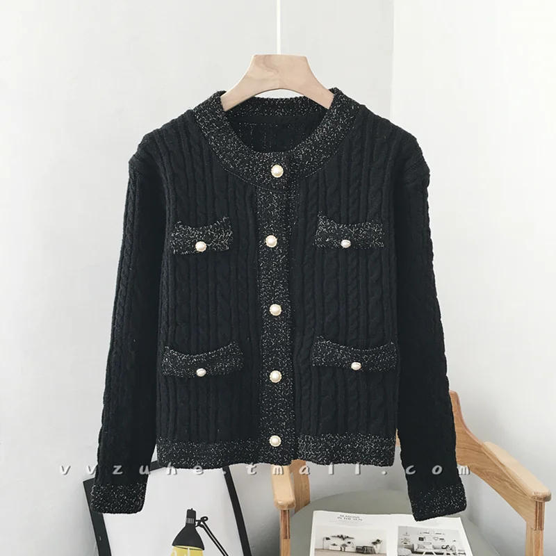 

Elegant Cardigan Round Neck Long Sleeve Button Pearl Beads Black Blue White y2k Formal Knitted Jacket 2021 Fall Winter New Women
