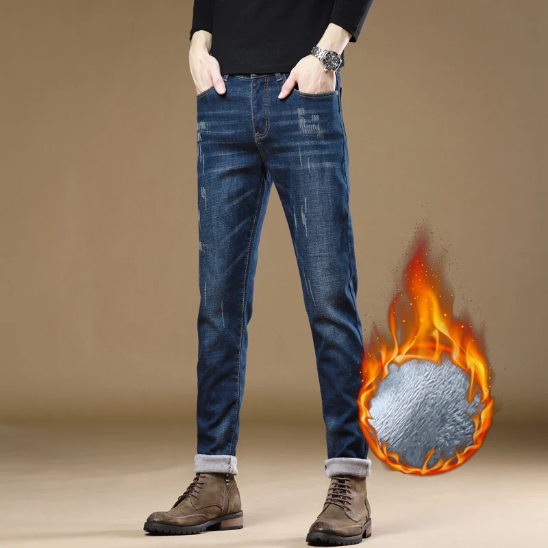 

2022 Brand Winter Fleece Thick Warm Slim Jeans Men Skinny Cotton Casual Stretch Slim Denim Pants Blue Black Trousers Male