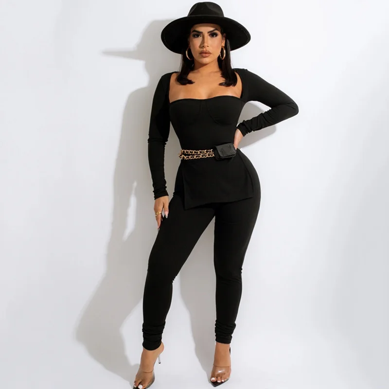 

Sylph Two Piece Sets For Women Sexy Bodycon 2 Piece Set Autumn Winter Fashion New Solid Slit Long Sleeve Top Pencil Pants Suit