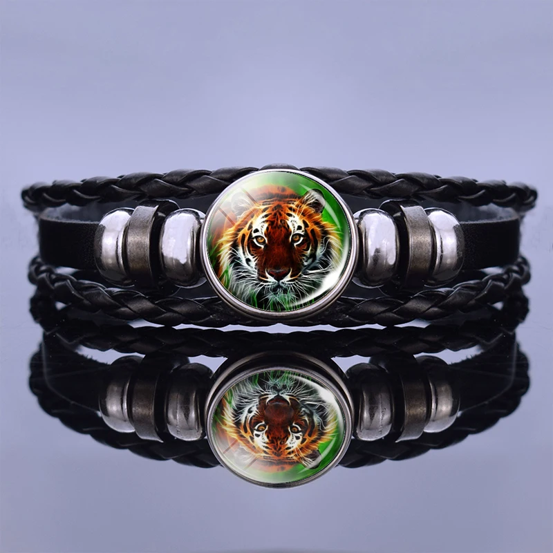 Красочный тигровый узор черный кожаный браслет Модный Панк Бижутерия со