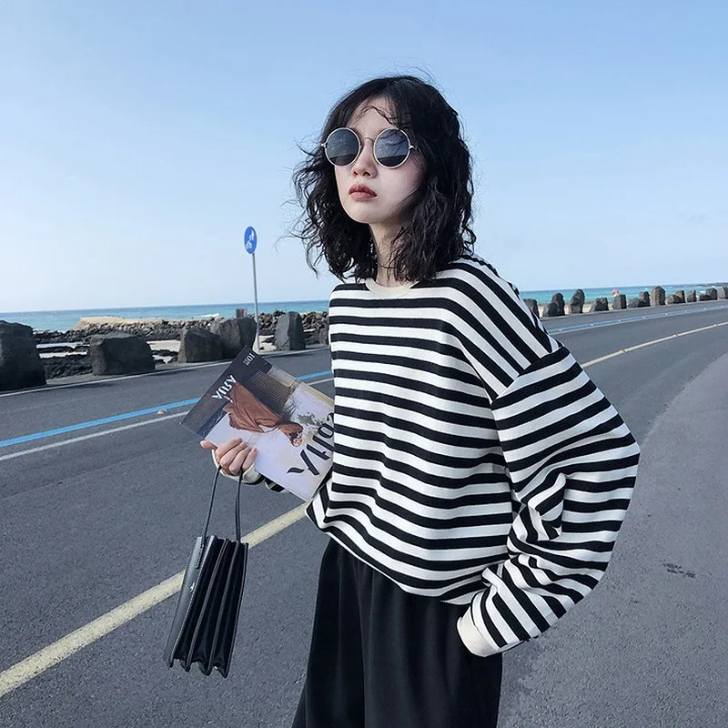 Cotton Sweatshirt Women Autumn Korean style Clothes Stripe Print Tops Long sleeve Loose Casual Sweetshirt Streetwear Sweat Shirt