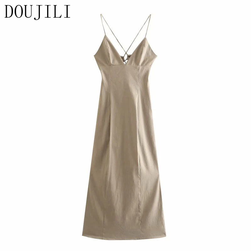 

DOUJILI Women Dresses Back Lace Up Long Style Sleeveless Backless 2021 Summer Fashion Sexy Dress For Party