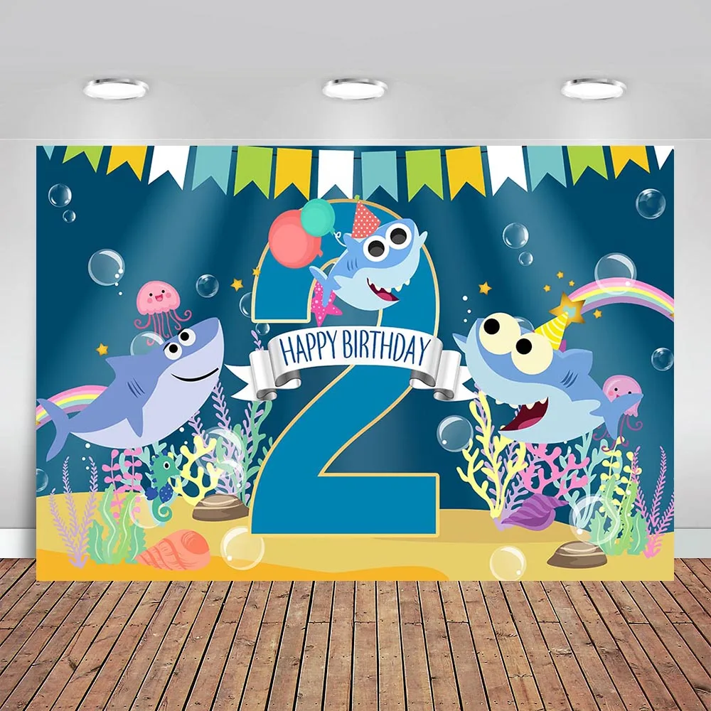 

Cartoon Child 1st Birthday Party Photography Backdrops Shark Baby Background Customize Photo Studio Banner Vinyl Props