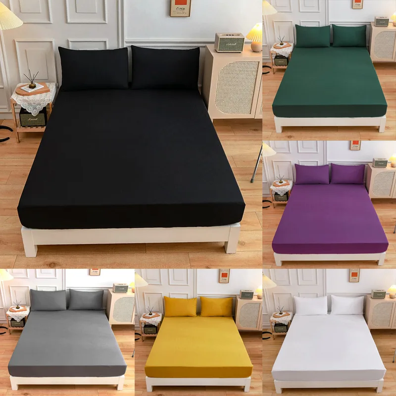 

Solid Color Simple Fitted BedSheet Four Corners with Elastic Band Mattress Cover Single Double Bed Sheet White Black Bedclothes