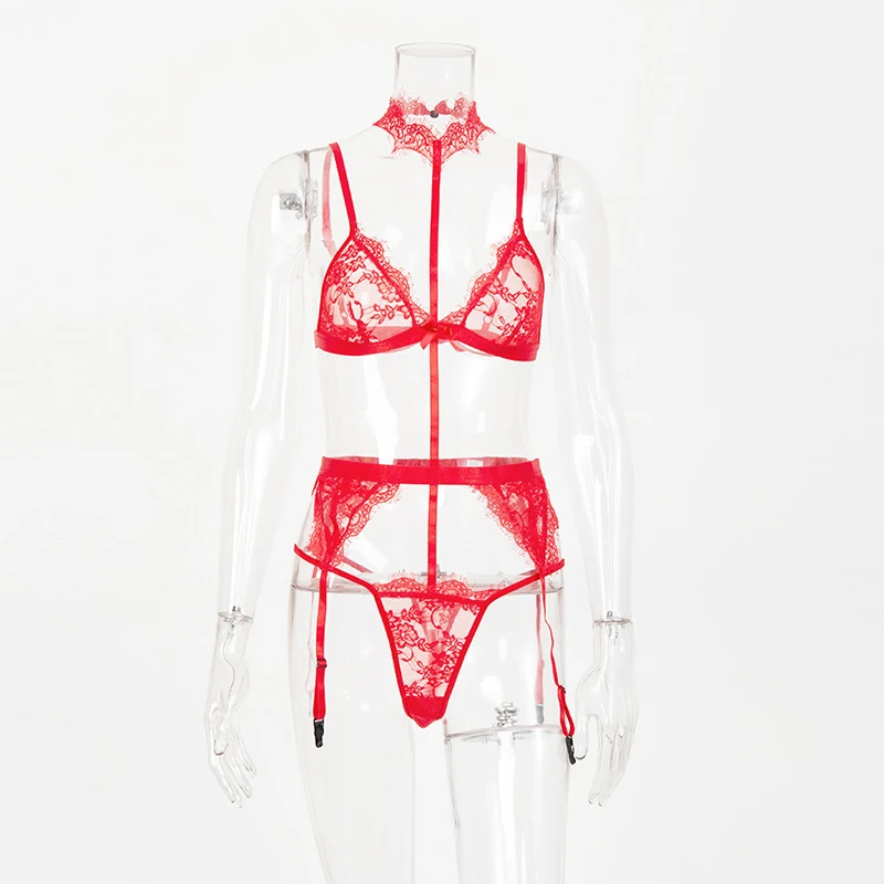 

Red Sexy Underwear Women 3 Piece Set Lace Lingerie Sets Wireless Bralette Transparent Bra Lady Lace Set Bandage Fashion
