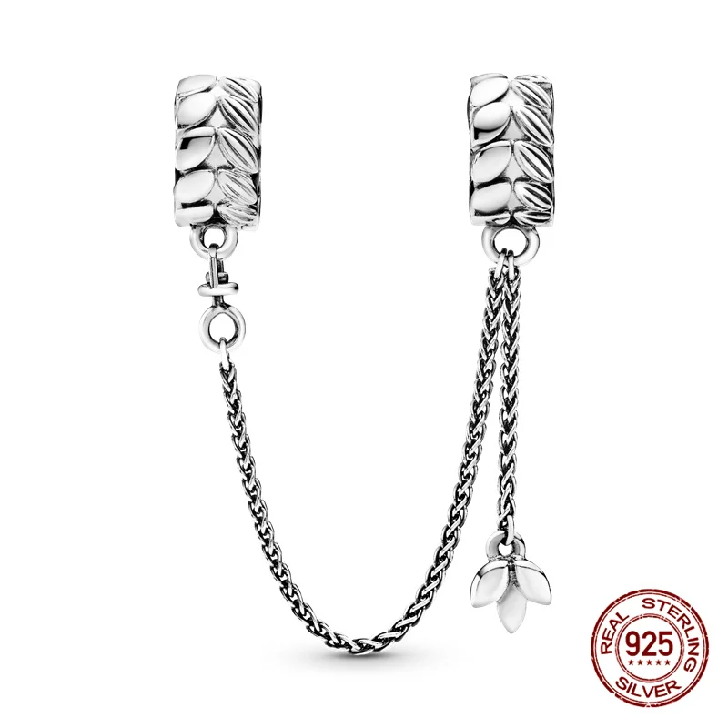 

100% Real 925 Sterling Silver Wheat Ear Carved Fixed Clip Safety Chain Fit Original 3mm Bracelet&Bangle Making Fashion DIY Jewe