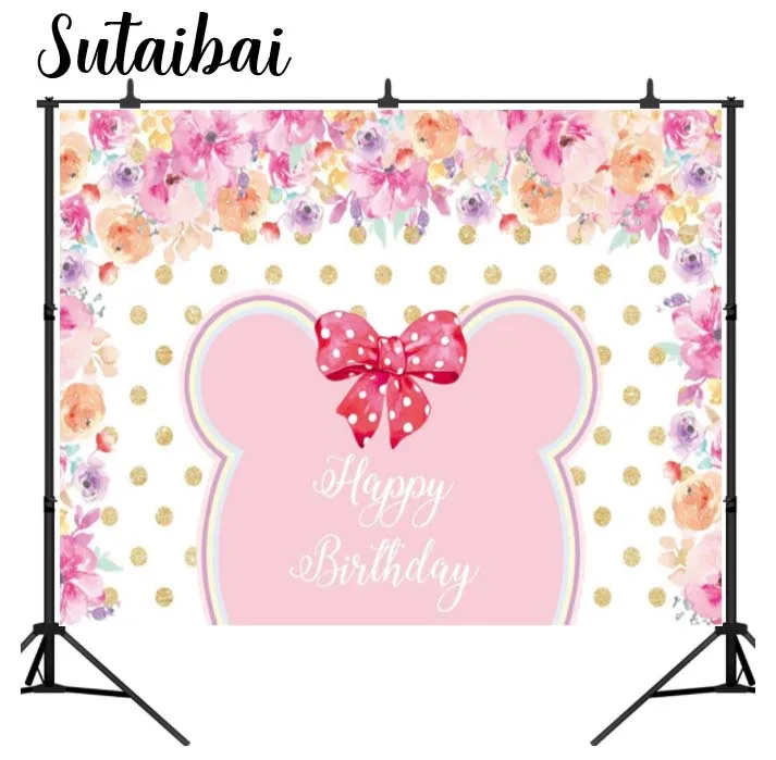 

Pink Mouse Girl Party Supplies Flowers Pastel Glitter Gold Dot Photozone Decor Happy Birthday Event Photobooth Decor