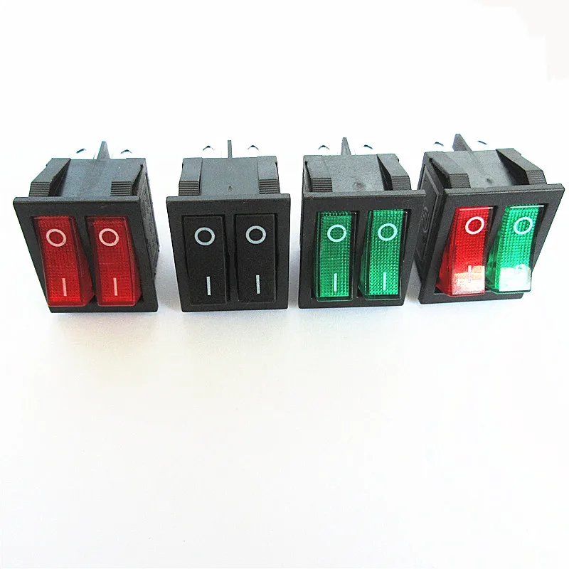 KCD6 Double Rocker Switch Red/ Green/ Black Backlighting 2 Pole 6-pin Power Button Electric Baking Pan Electrical Heater Parts