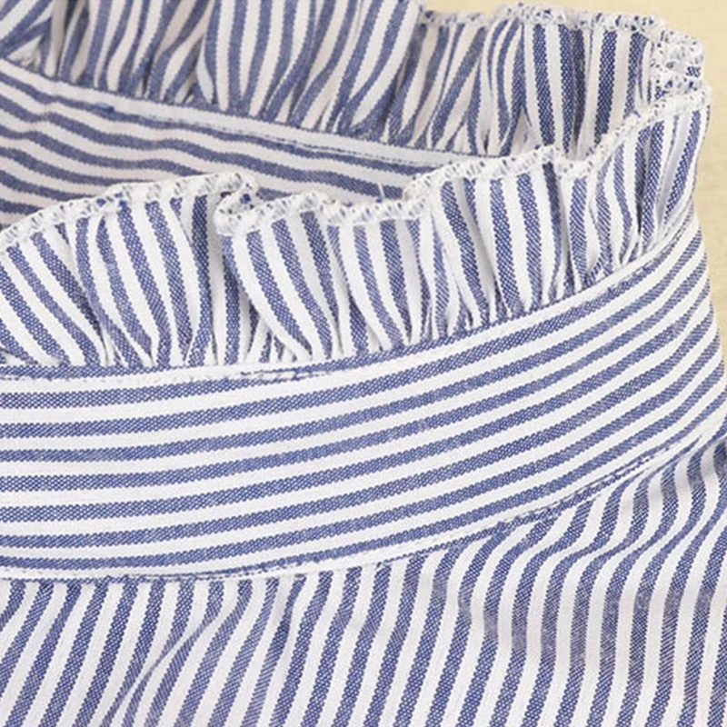 

Women Ruffles False Fake Stand Collar Half Shirt Blouse Button Down Vertical Striped Print Detachable Dickey Crop Top