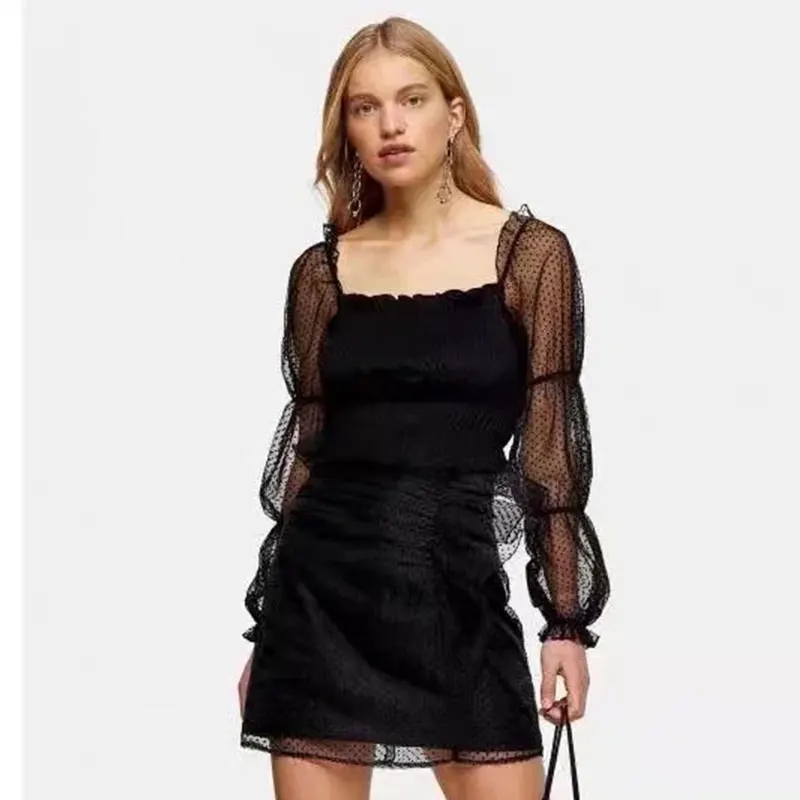 

Женская блузка с рюшами Nlzgmsj Za, пикантная эластичная укороченная блузка с длинным рукавом, винтажная прозрачная рубашка, шикарный топ, 2022