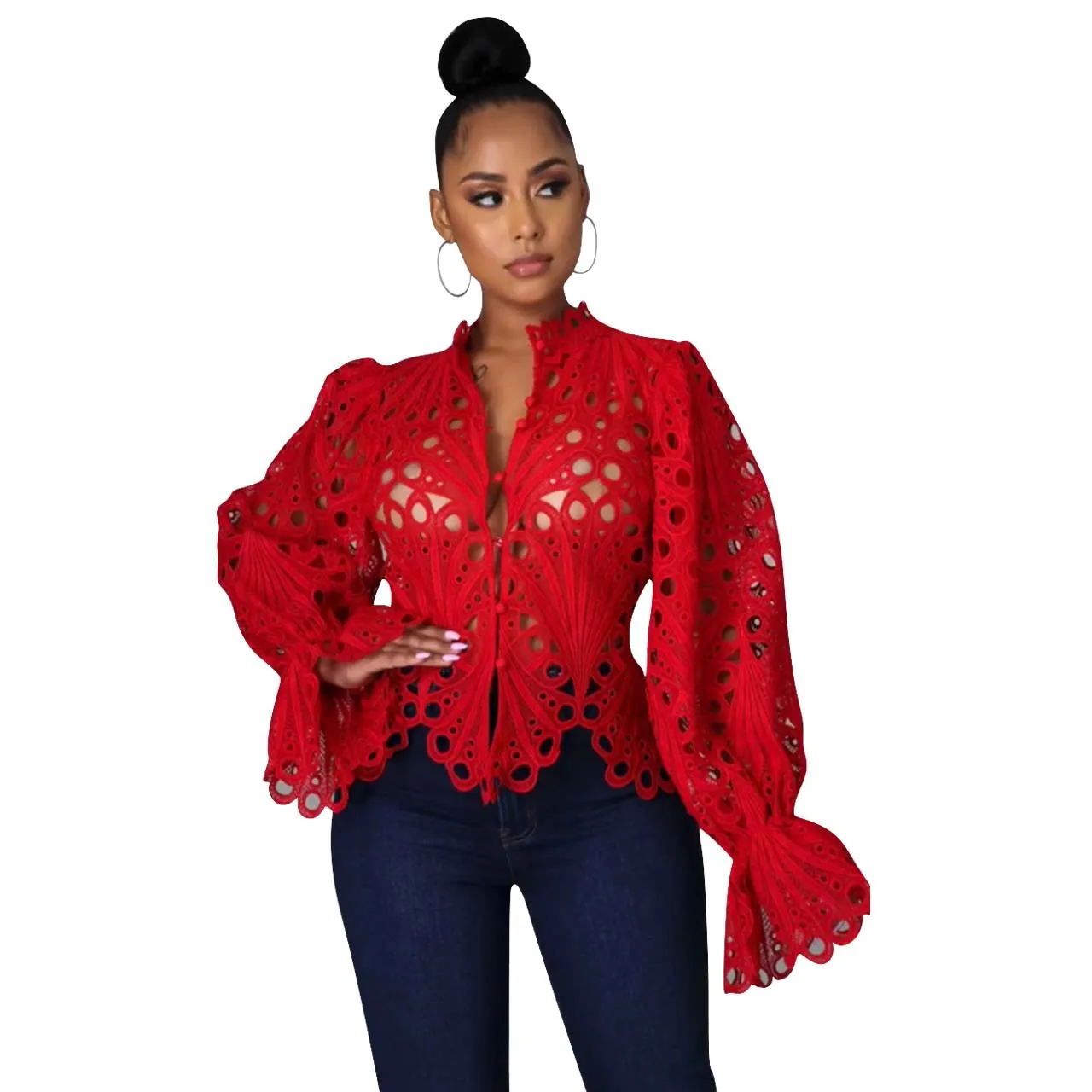 

African Clothes for Women 2021 New Long Sleeeve Hollow Out Mesh Lace See Through Top Blouse Africa Clothing