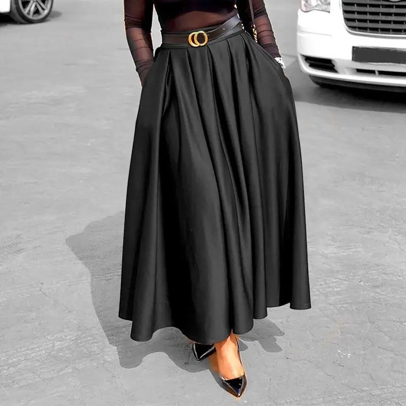 

Summer Skirts VONDA 2021 Women Solid Color Pleated Long Maxi Skirts Casual High Waist Party Baggy Skirts With Pockets