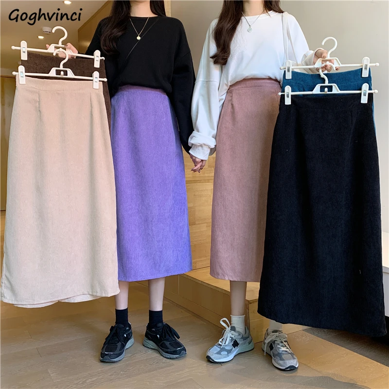 

Corduroy Skirts Women Vintage Solid A-line High Waist Autumn Ulzzang Elegant Mid-calf Cozy All-match Behind-slit Leisure Trendy