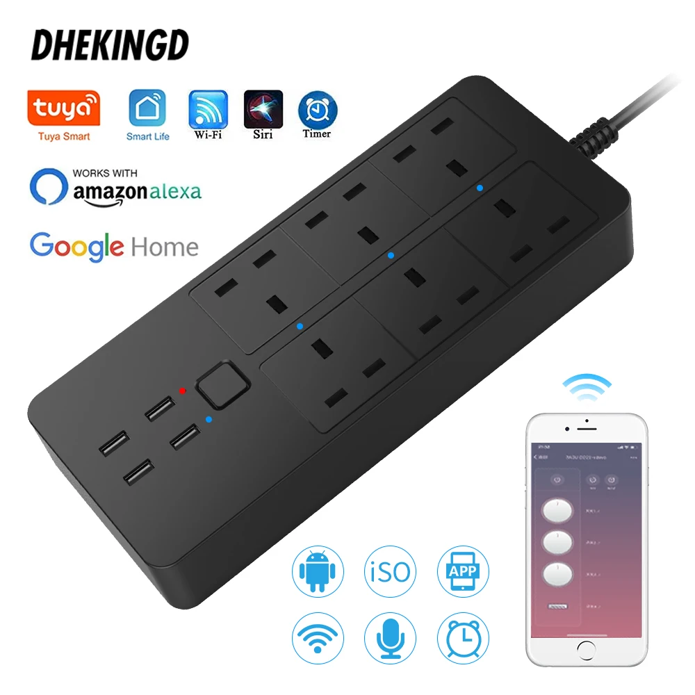 Smart Wifi  Power Strip 6 UK 4 USB Plug 5V3.1A Charging Port Timing Bluetooth Control with Alexa Google Home Assistant