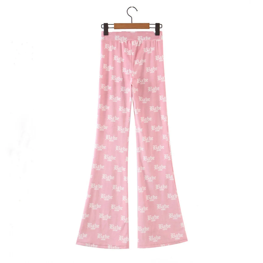 

Letter Printed Pink Suits Long Sleeve Stand Neck Zipper Slim Tops + Elastic Soft High Waist Flare Pants 2021 Women Tracksuits