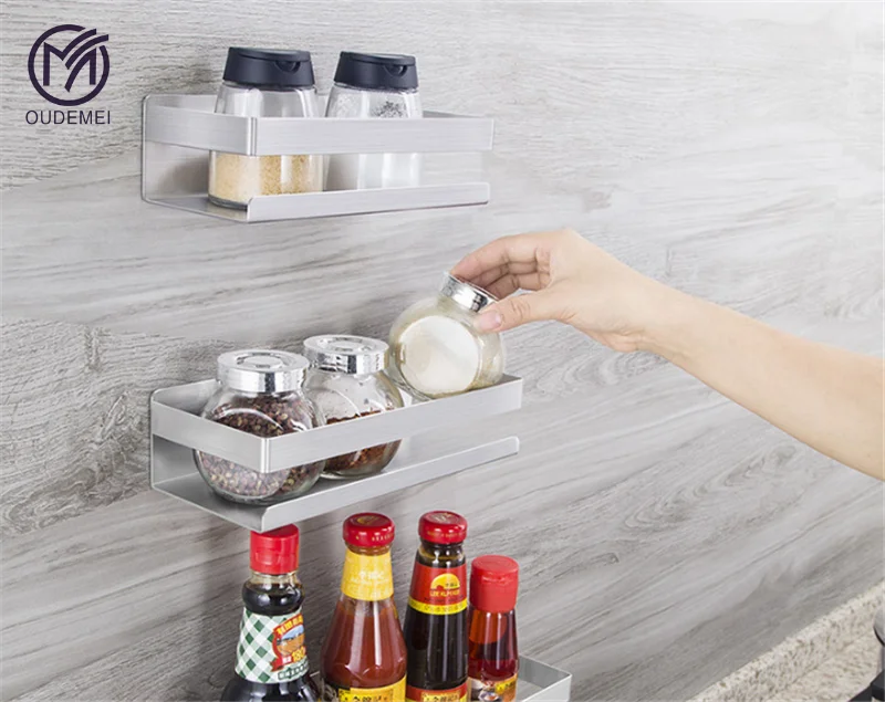 

Kitchen Shelf Brushed Nickel Caddy Space Stainless Steel Storage Nail Free Wall Holder