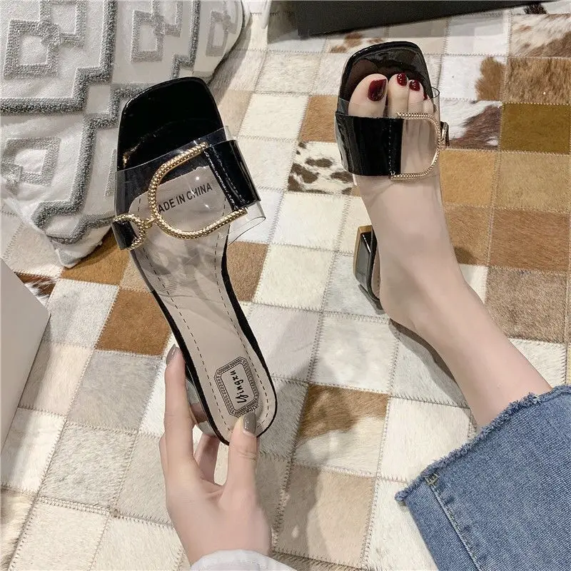

Summer new fashion 2021 organza net letter buckle open-toed sandals and slippers women flat-bottomed lazy flip-flops