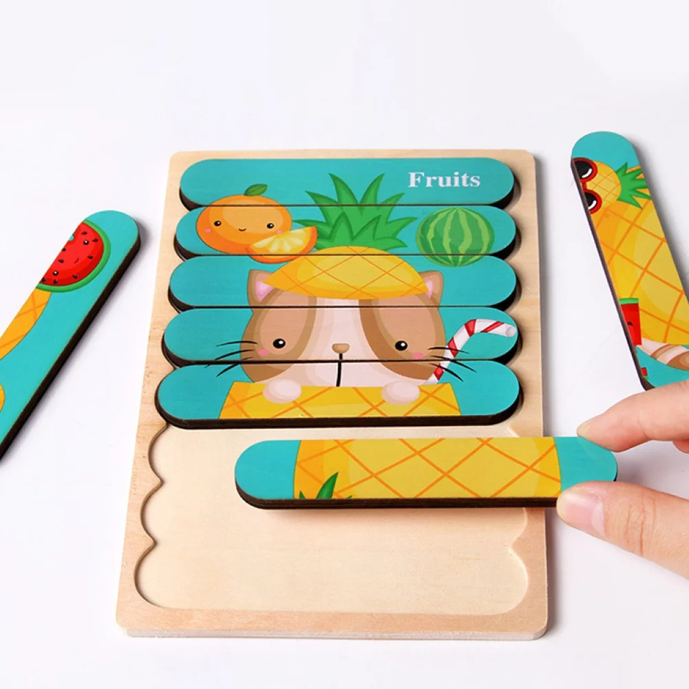 Детский деревянный мультяшный автомобиль двухсторонний пазл с животными