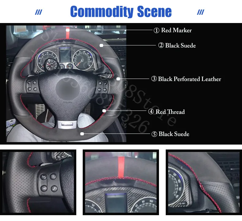 

For Volvo XC60 2014-2020 Polestar Black R edition Black Leather Black Suede Red Marker Steering Wheel Covers car accessories