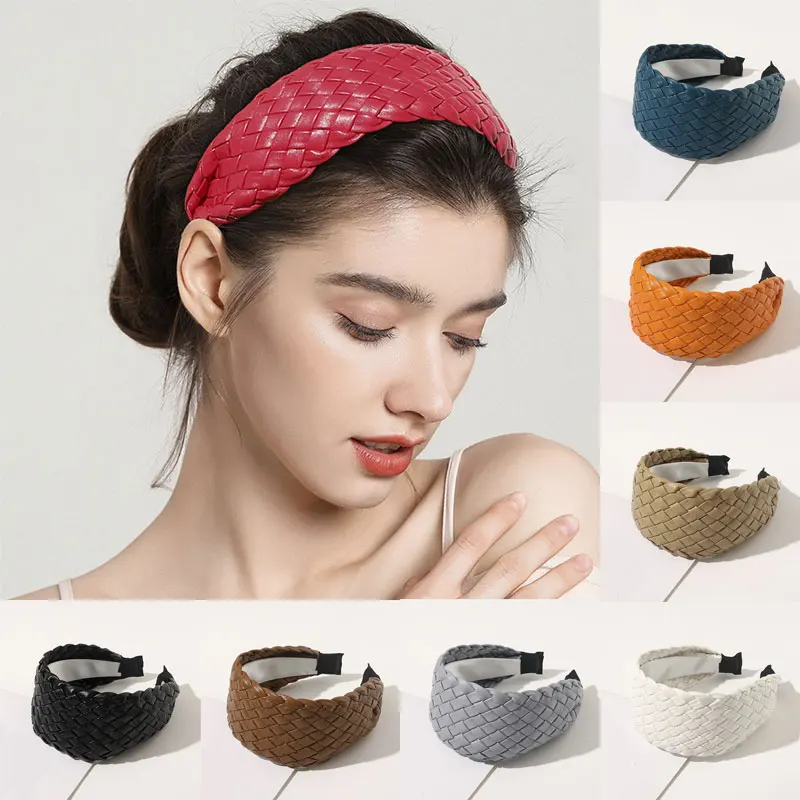 

New Fashion Wide Side Hairband Casual PU Artificial Leather Headband Simple Classic Turban Wide Hair Hoops Female Headbands