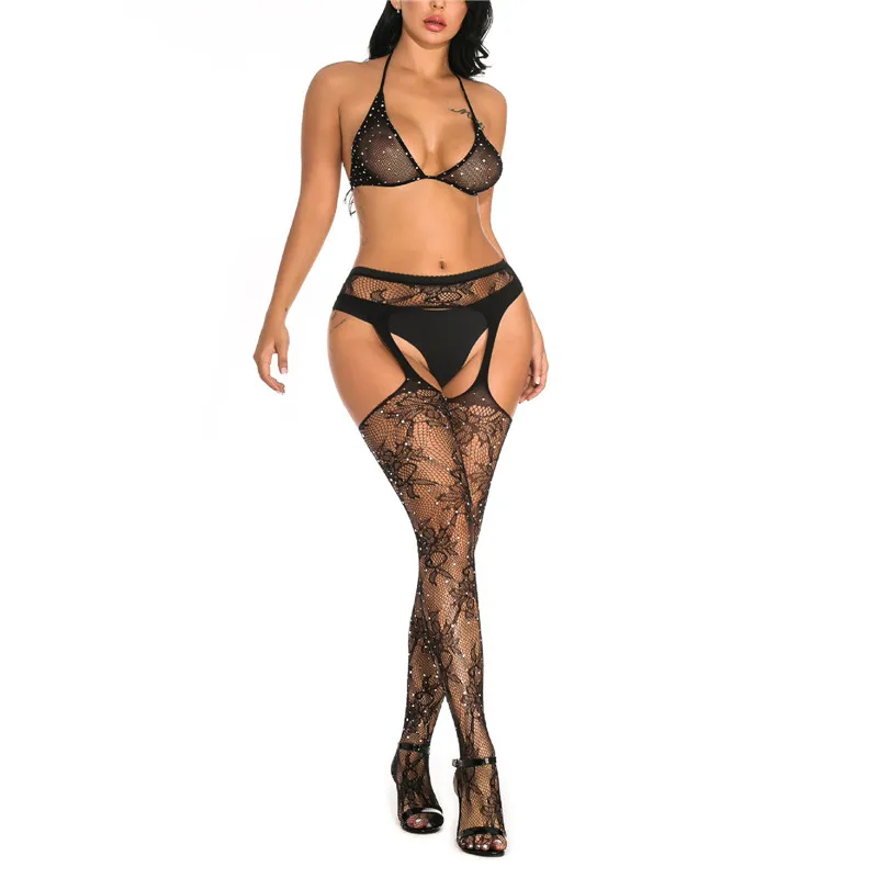 

Women Solid Black Lingerie Exotic Sets See Through Diamond Decorations Lace Mesh Bra with Halter Lace Floral Brief Stockings New