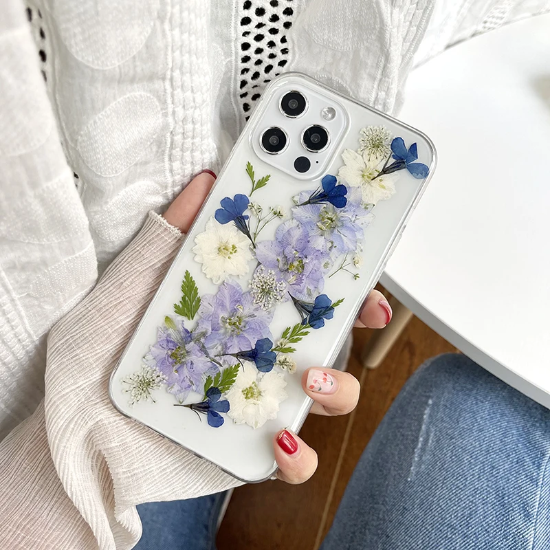 

Qianliyao Real Pressed Dried Flowers Phone Case For iPhone X XS Max XR 6s 7 8 Plus 12 11 Pro Max SE Case Soft Clear Floral Cover