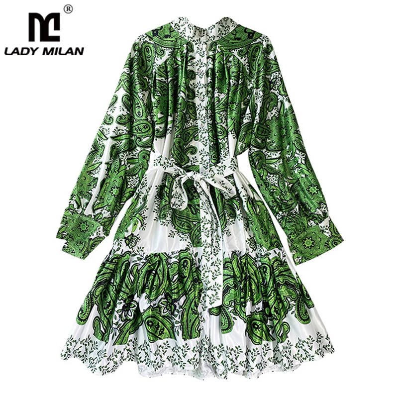 

Women's Runway Dresses Stand Collar Long Lantern Sleeves Floral Printed Ruffles Sash Belt Fashion Loose Dress Vestidos