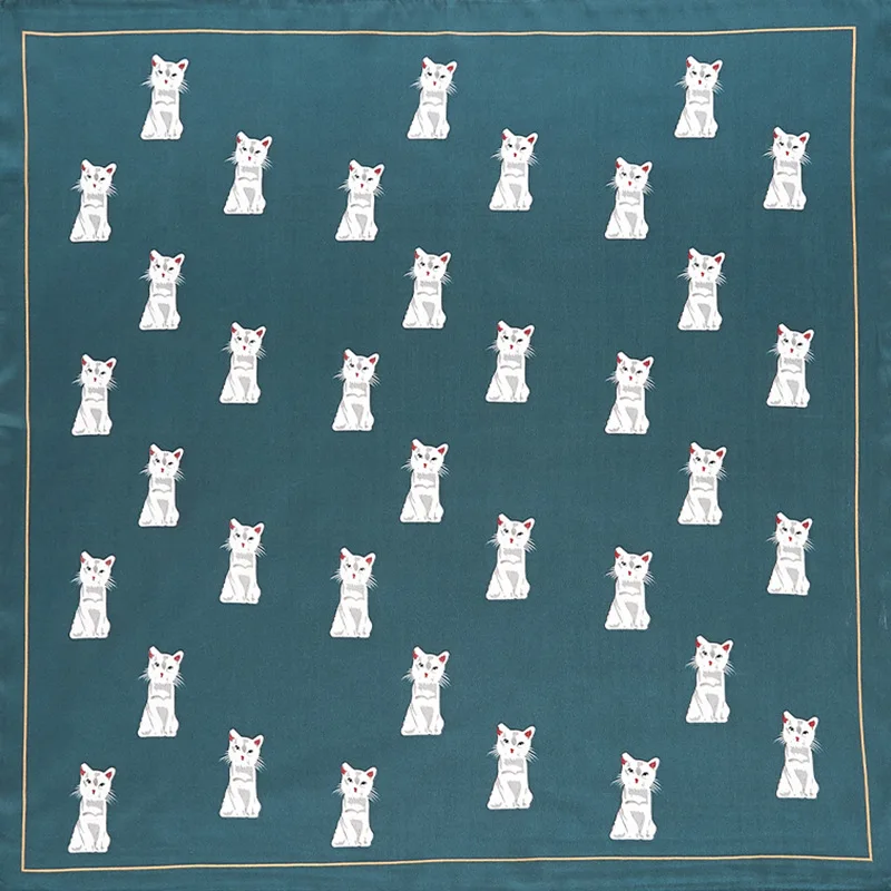 60X60cm сатиновый шарф с рисунком кота из мультфильма женский темно зеленый