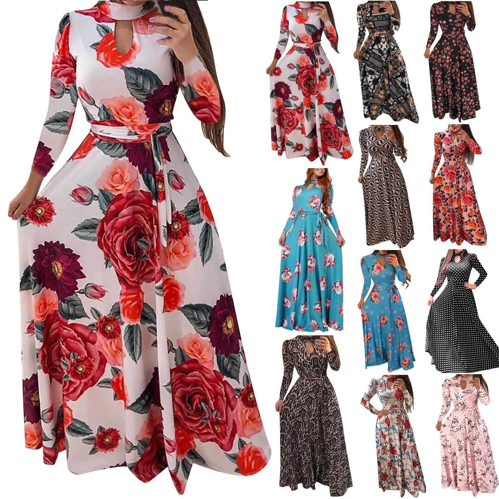 Женское винтажное длинное платье свободное осеннее с длинным рукавом круглым