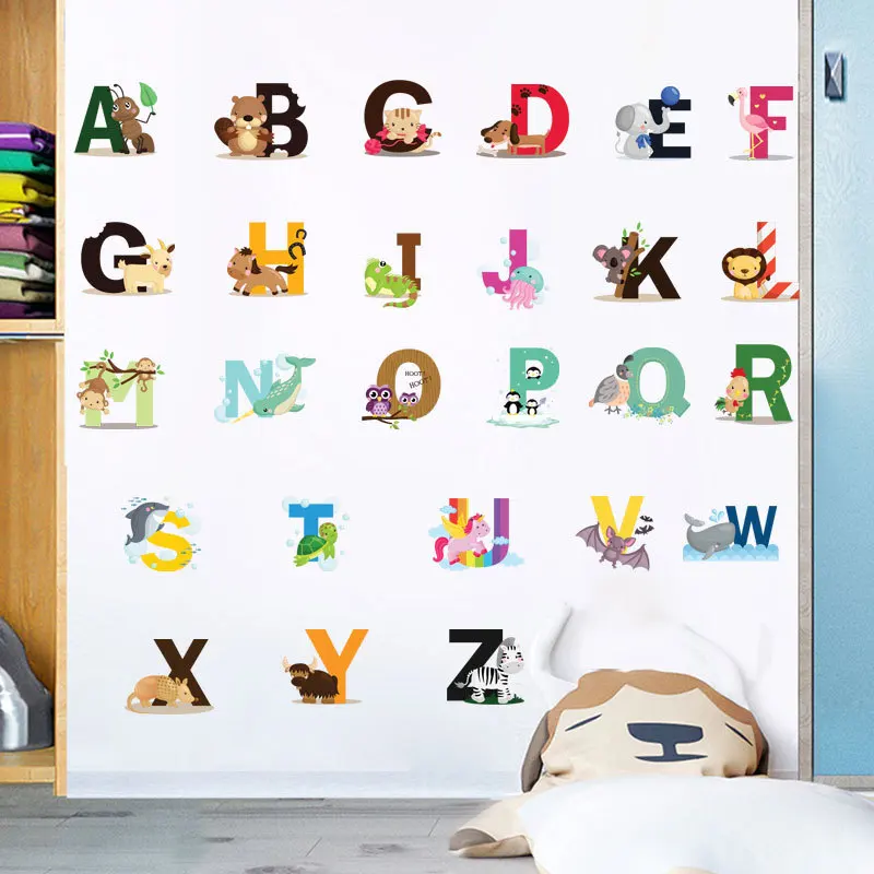 

26 English Letters Wall Stickers for Kids Rooms Bedroom Decoration Cartoon Animal Kindergarten Classroom Layout Wall Decals