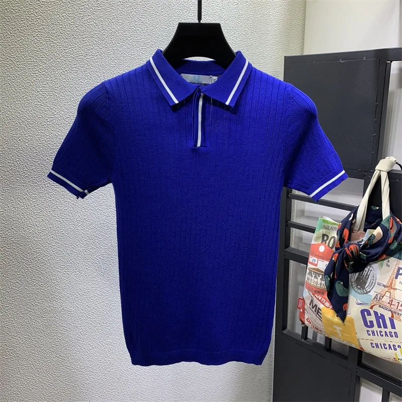 

2021 Summer Ice Silk Short Sleeve Knitted Polo Shirt Men Fashion Clothing Turn Down Collar Slim Fit Casual Tee Shirt Homme A121