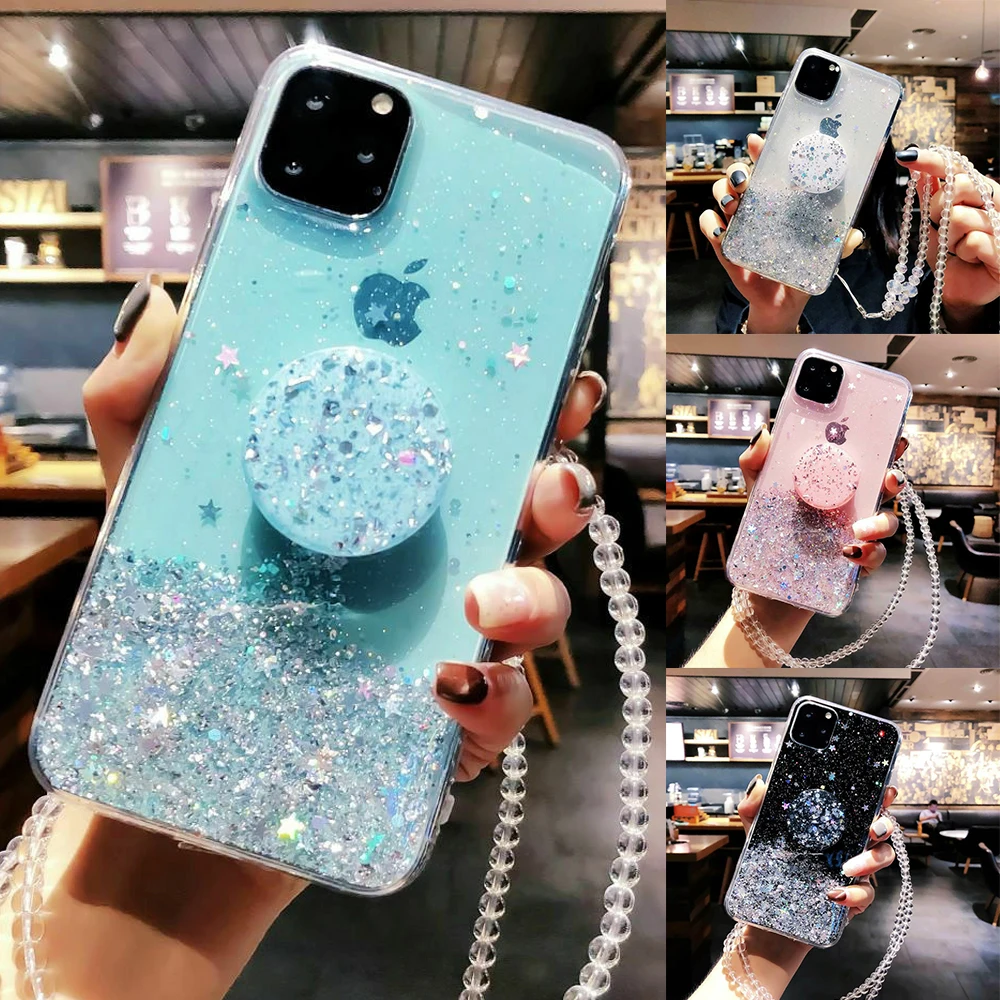 Блестящий блестящий чехол для iPhone 11 Pro Max XS XR X 8 7 6s 6 Plus тонкий с держателем