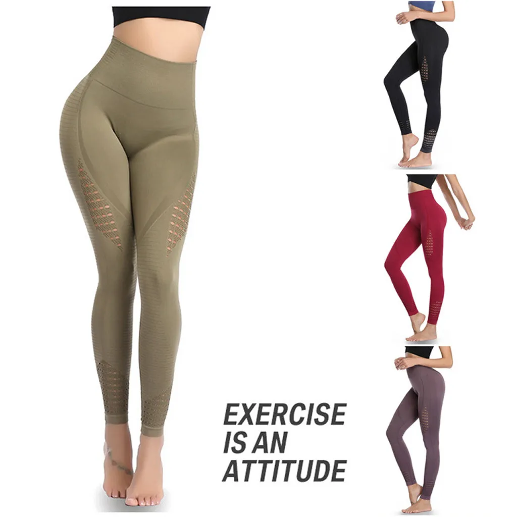 

Women Solid Color Side Hollow Yoga Pants Classic Breathable Buttocks Leggings For Fitness High Waist Sports Trousers A20
