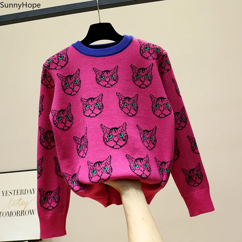

Женский трикотажный свитер с принтом кошек, подиумный дизайнерский пуловер с длинным рукавом, Милый джемпер в стиле Харадзюку, Осень-зима