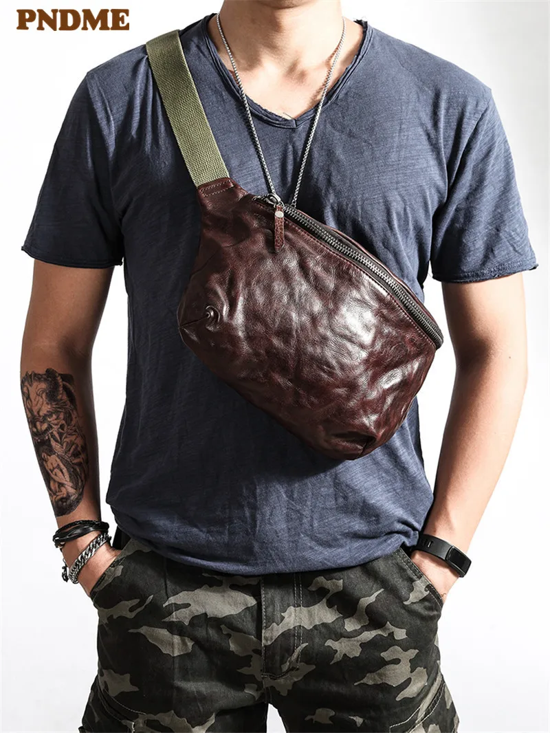 Fashion vintage luxury genuine leather men chest bag casual natural first layer cowhide multifunctional waist pack crossbody bag