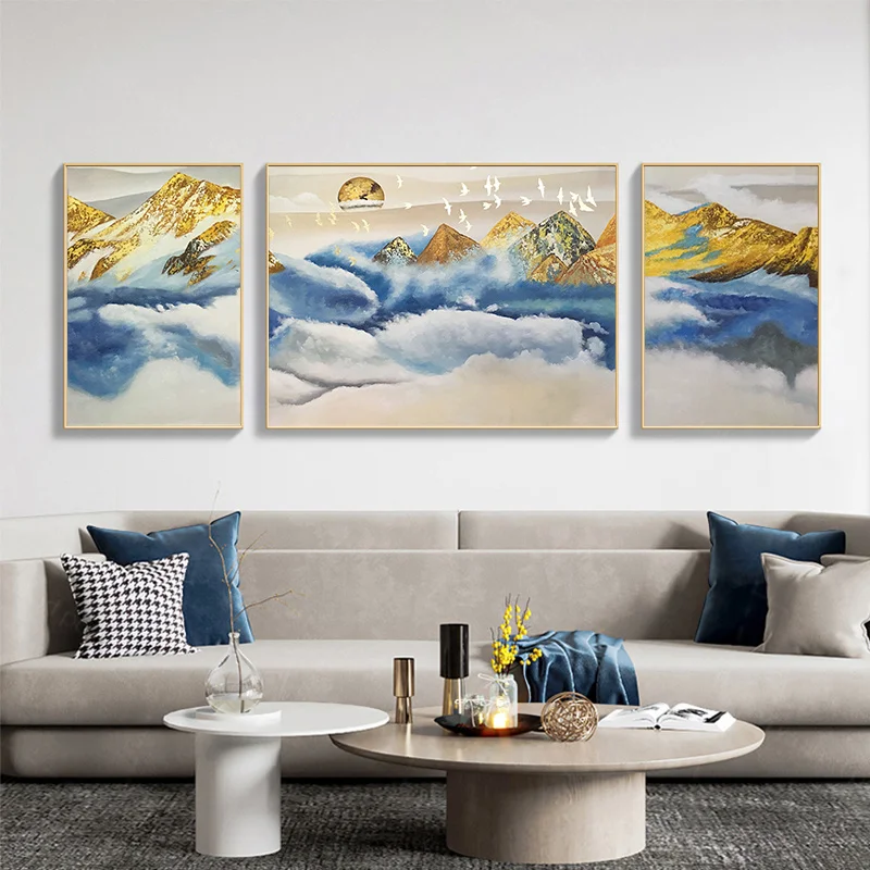 

Handmade Gold Mountain Abstract Painting On Canvas For Living Room Home Wall Art Decoration Three Pieces Salon Painted