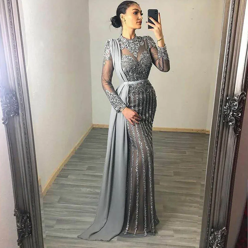 

YQLNNE Couture серый мусульманских стразы вечерние платья с высоким воротом Dubai длинный рукав платье русалки для Для женщин вечерние