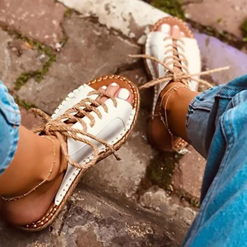 Бандажные летние Слиперы на платформе женские кожаные шлепанцы шнуровке уличные