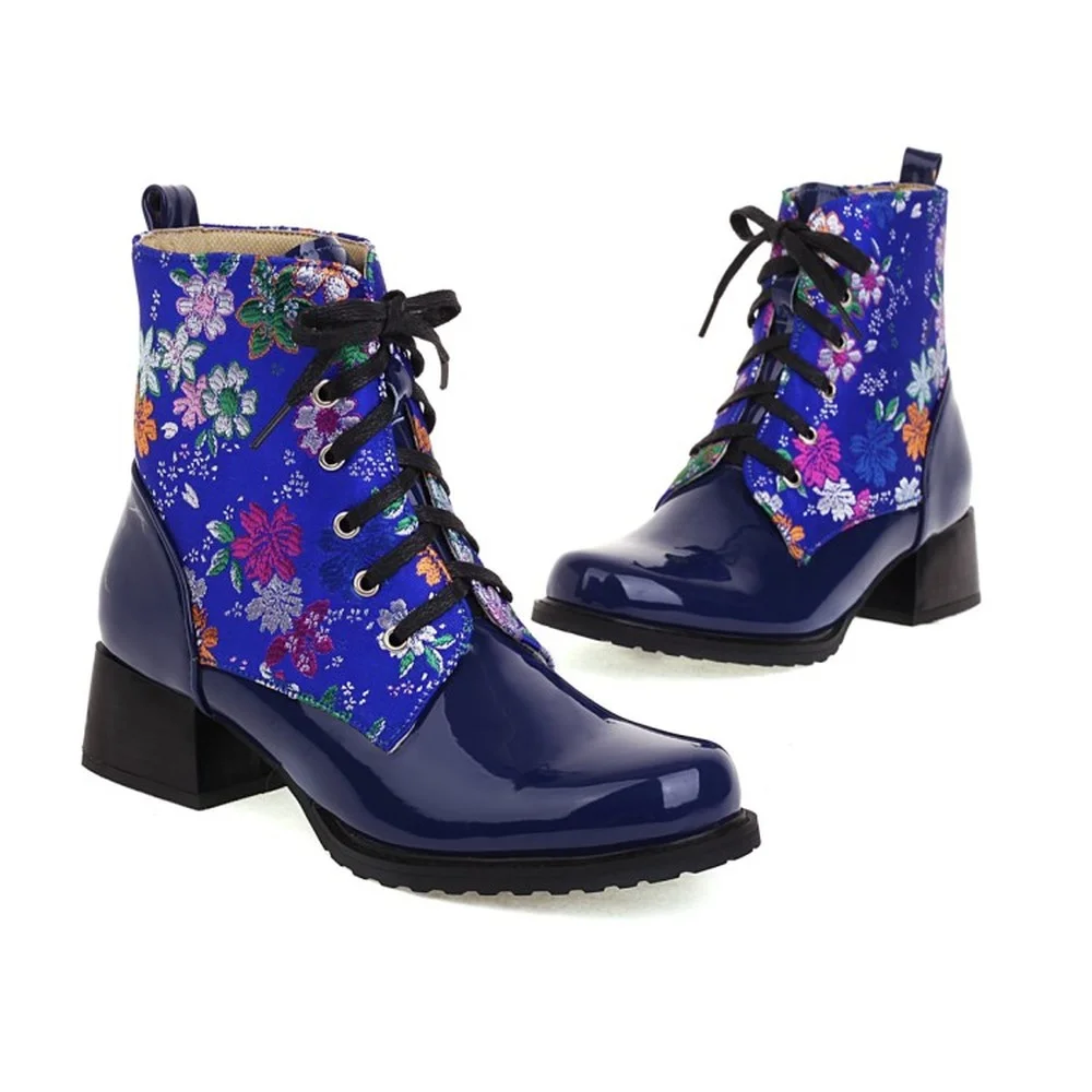 

Womens Round Toe Floral Printed Ankle Boots Lace Up Block Heel Shoes 3Colors Plus Size New Laides