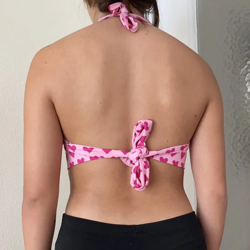

Heart Print Halter Bra Corset Sexy Backless Bandage Deep V Neck Sleeveless Crop Top Women Summer Beach Tie Up Tank Tops Tees