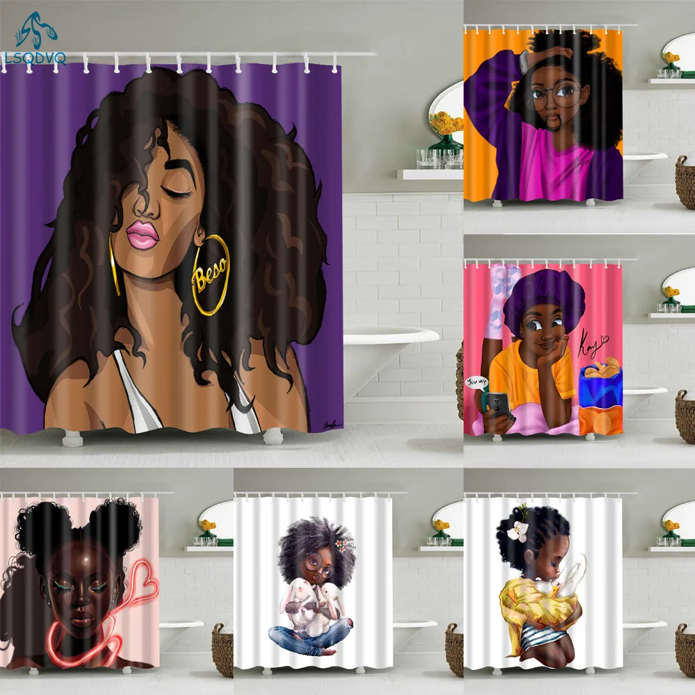 

African Black Girl Women Art Bathroom Shower Curtain Polyester Waterproof Frabic Bath Curtain with Hooks