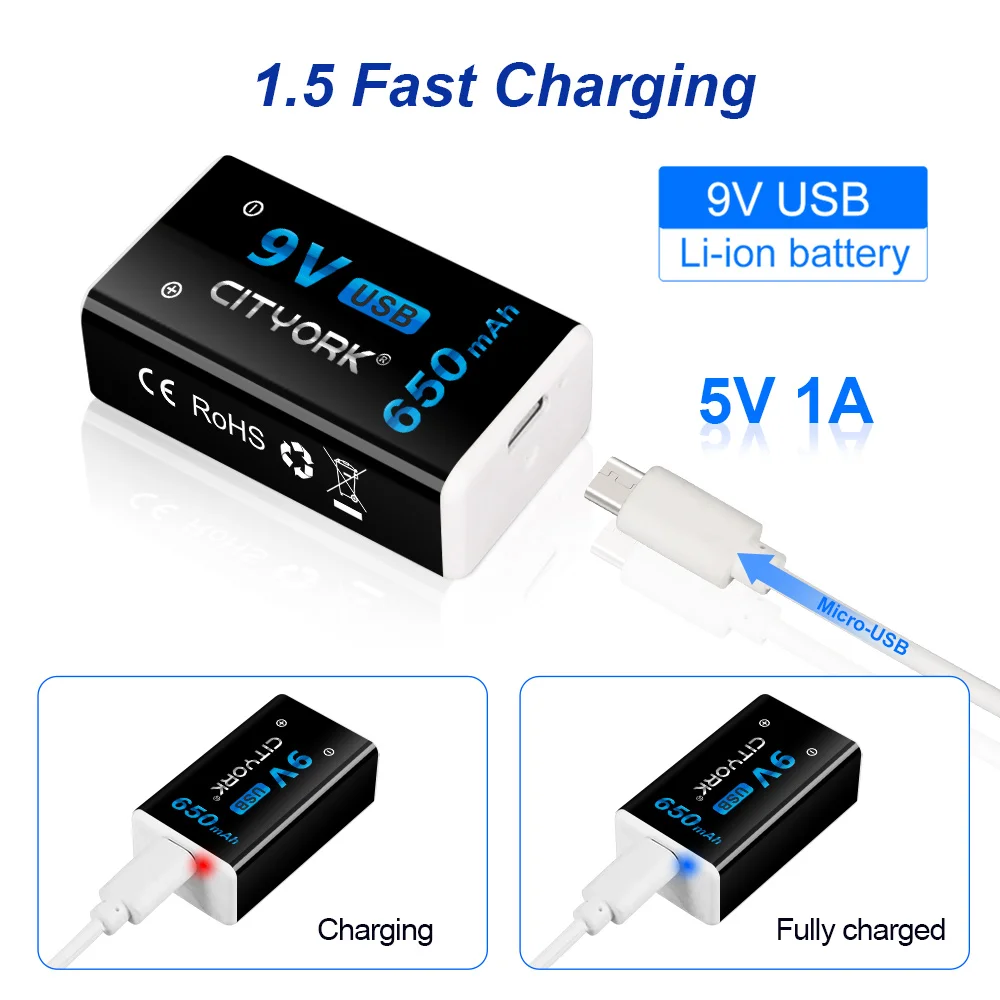 Micro USB 9 В литиевая аккумуляторная батарея 650 мАч литий-ионные батареи 6F22 для