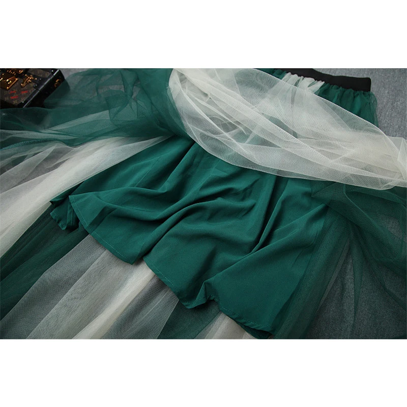 

Brand Fashion Summer Runway Suit 2Piece Set Women Designer Short Sleeve Lace Up Plaid Top and Long Tulle Skirt Set Party Outfit