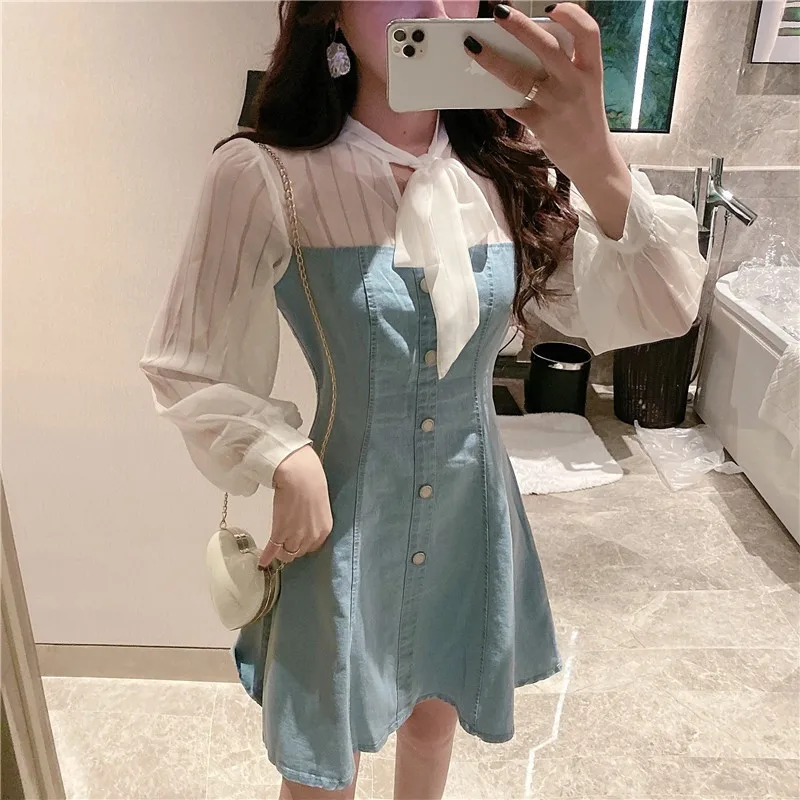 Женское шифоновое джинсовое платье короткое платье-блуза с длинным рукавом