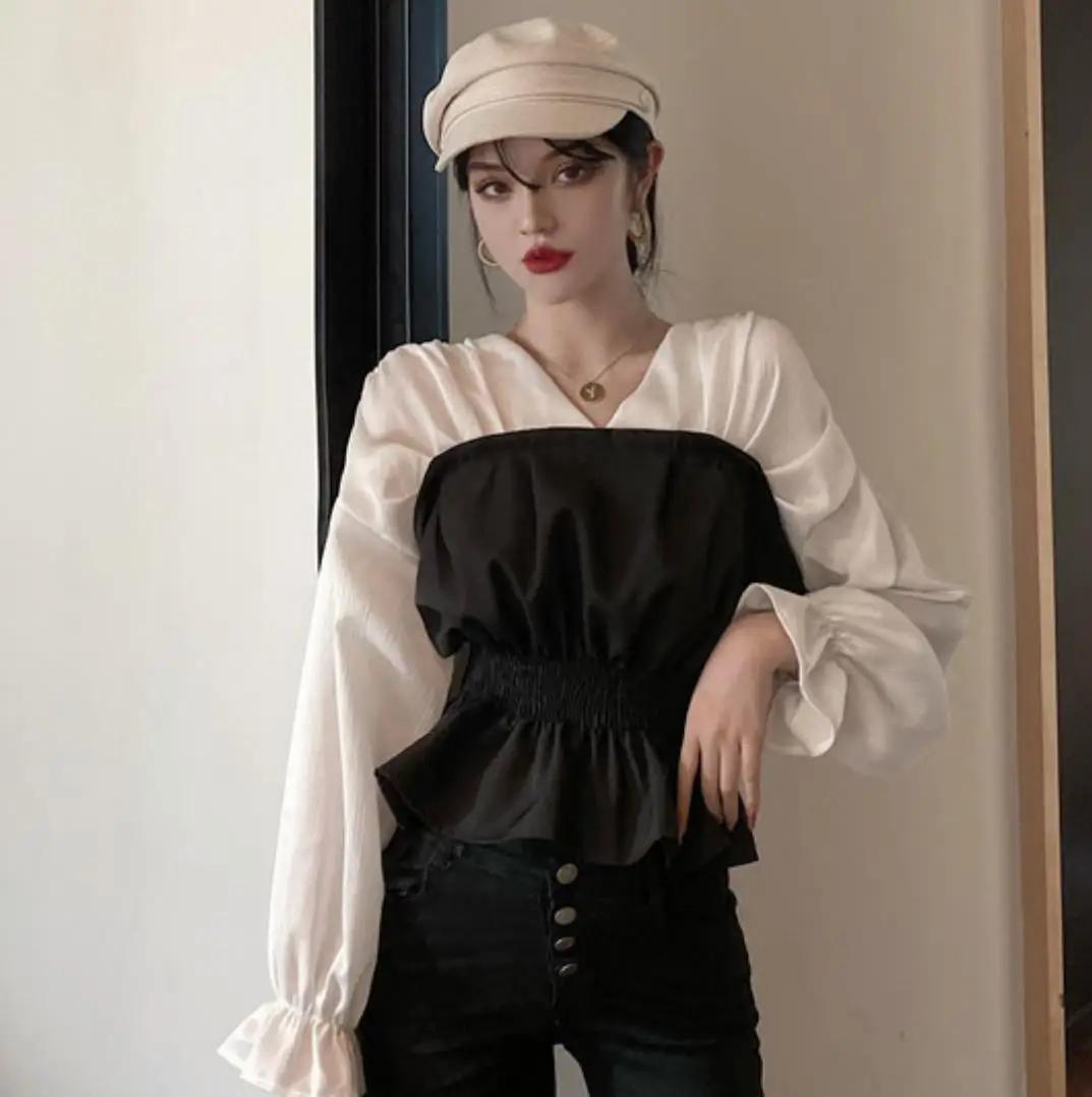 

Сексуальные открытые блузки для женщин, большие размеры, с длинным рукавом, с оборками, рубашка, элегантная, на шнуровке, туника, топы, повсед...