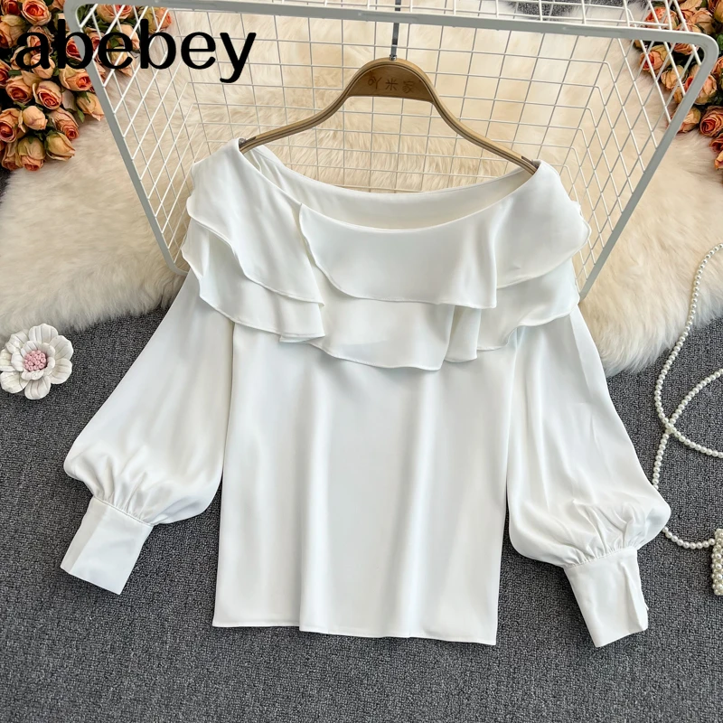 

2022 New Spring Autumn French versatile slash neck Lantern Sleeve Shirt double Ruffles loose casual solid color Shirt Top